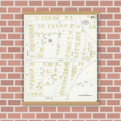 Old map wall art mockup — magnetic wood frame on brick wall — Sanborn Fire Insurance Map from Kane, McKean County, Pennsylvania (1909), Sheet #0010