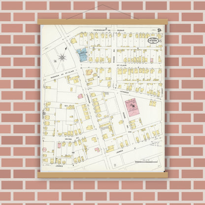 Old map wall art mockup — magnetic wood frame on brick wall — Sanborn Fire Insurance Map from Latrobe, Westmoreland County, Pennsylvania (1909), Sheet #0009