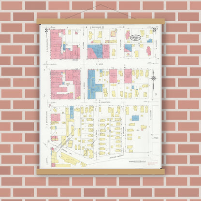 Old map wall art mockup — magnetic wood frame on brick wall — Sanborn Fire Insurance Map from Owosso, Shiawassee County, Michigan (1930), Sheet #0003
