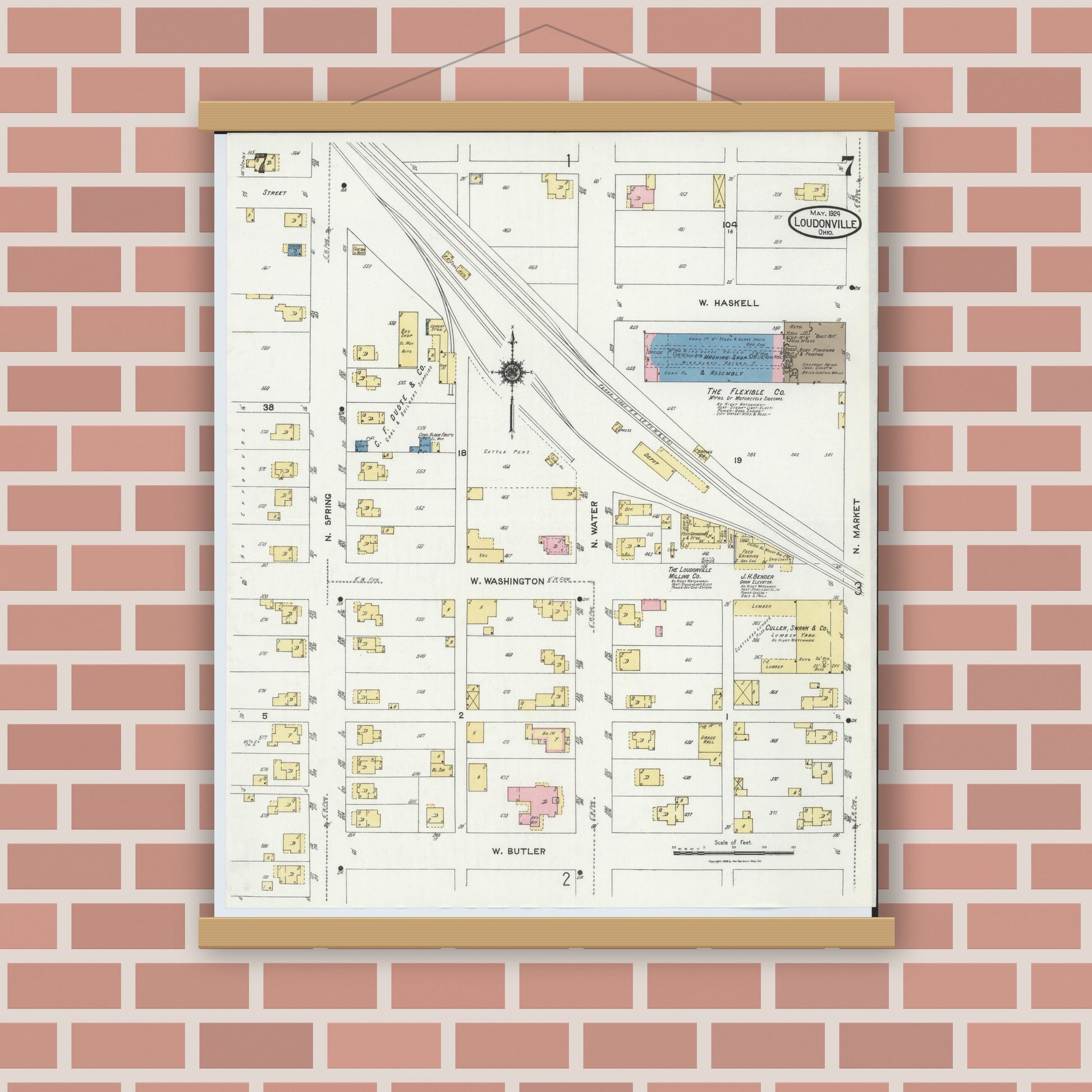 Old map wall art mockup — magnetic wood frame on brick wall — Sanborn Fire Insurance Map from Loudonville, Ashland County, Ohio (1924), Sheet #0007