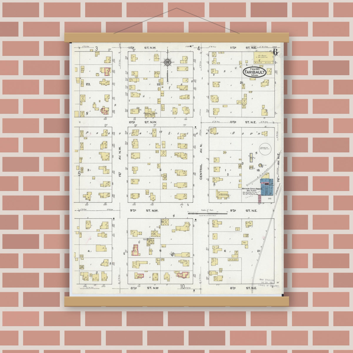 Old map wall art mockup — magnetic wood frame on brick wall — Sanborn Fire Insurance Map from Faribault, Rice County, Minnesota (1921), Sheet #0006