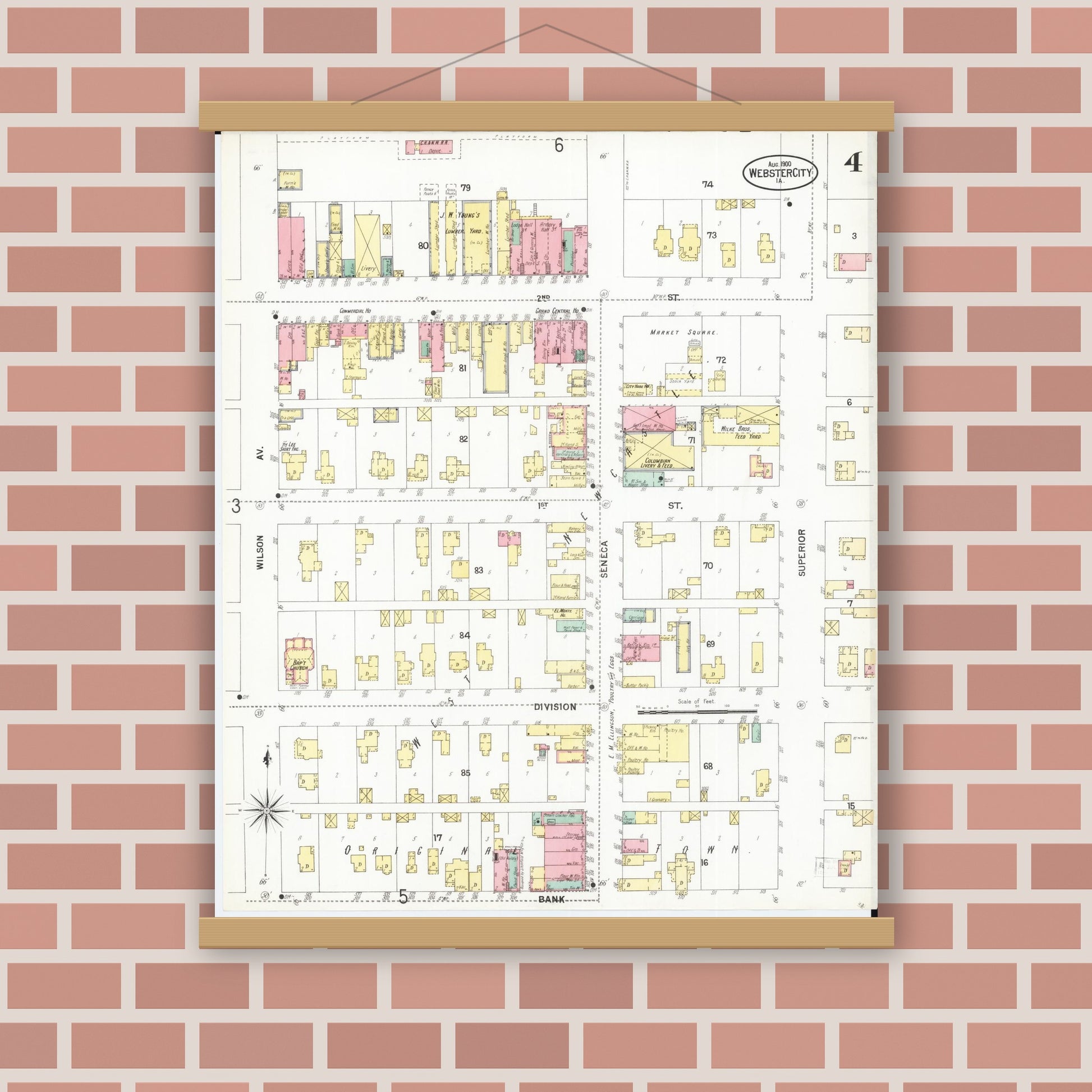 Old map wall art mockup — magnetic wood frame on brick wall — Sanborn Fire Insurance Map from Webster City, Hamilton County, Iowa (1900), Sheet #0004
