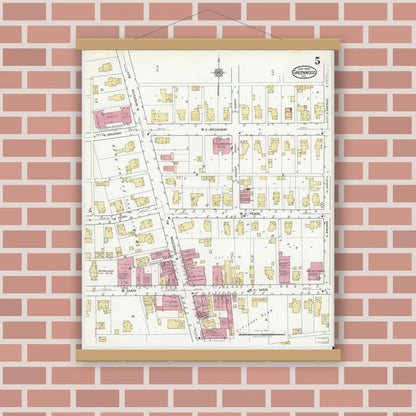 Old map wall art mockup — magnetic wood frame on brick wall — Sanborn Fire Insurance Map from Greenwood, Johnson County, Indiana (1920), Sheet #0005