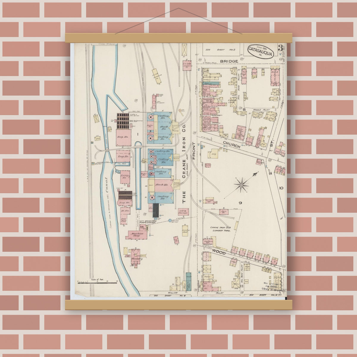 Old map wall art mockup — magnetic wood frame on brick wall — Sanborn Fire Insurance Map from Catasauqua, Lehigh County, Pennsylvania (1885), Sheet #0003