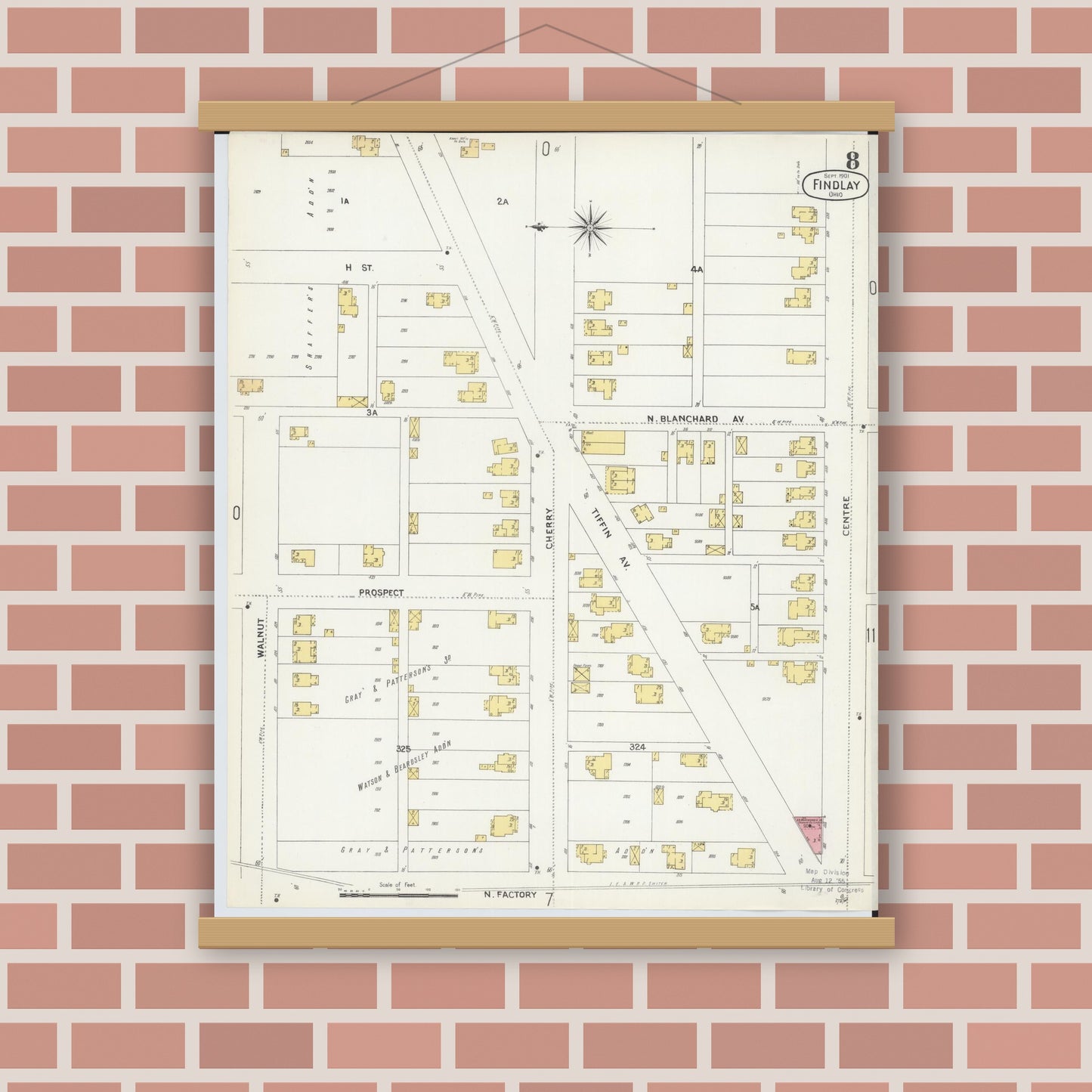Old map wall art mockup — magnetic wood frame on brick wall — Sanborn Fire Insurance Map from Findlay, Hancock County, Ohio (1901), Sheet #0008
