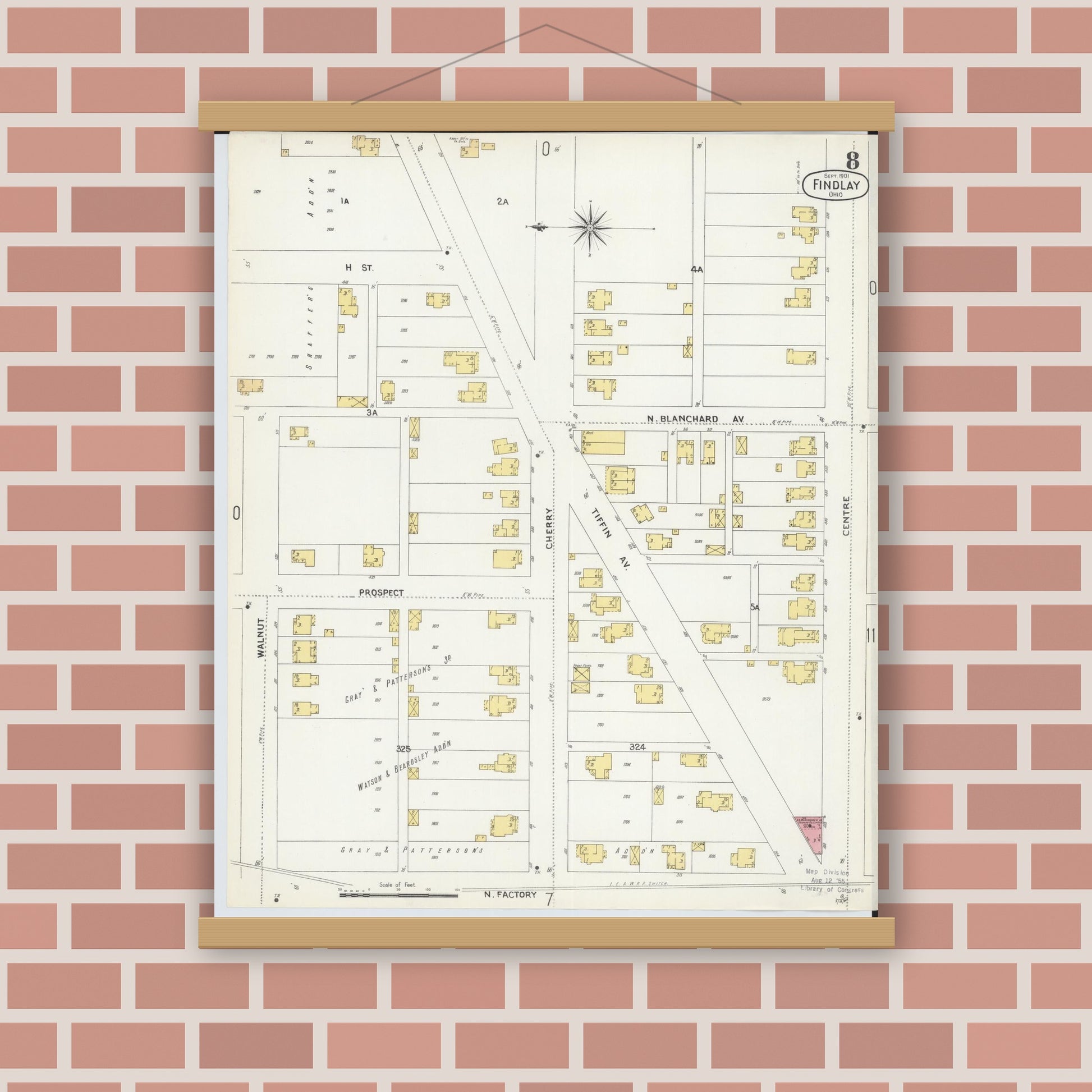 Old map wall art mockup — magnetic wood frame on brick wall — Sanborn Fire Insurance Map from Findlay, Hancock County, Ohio (1901), Sheet #0008