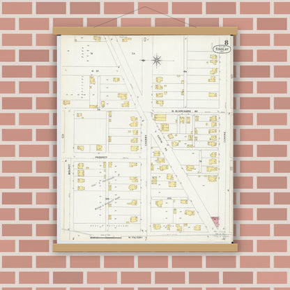 Old map wall art mockup — magnetic wood frame on brick wall — Sanborn Fire Insurance Map from Findlay, Hancock County, Ohio (1901), Sheet #0008