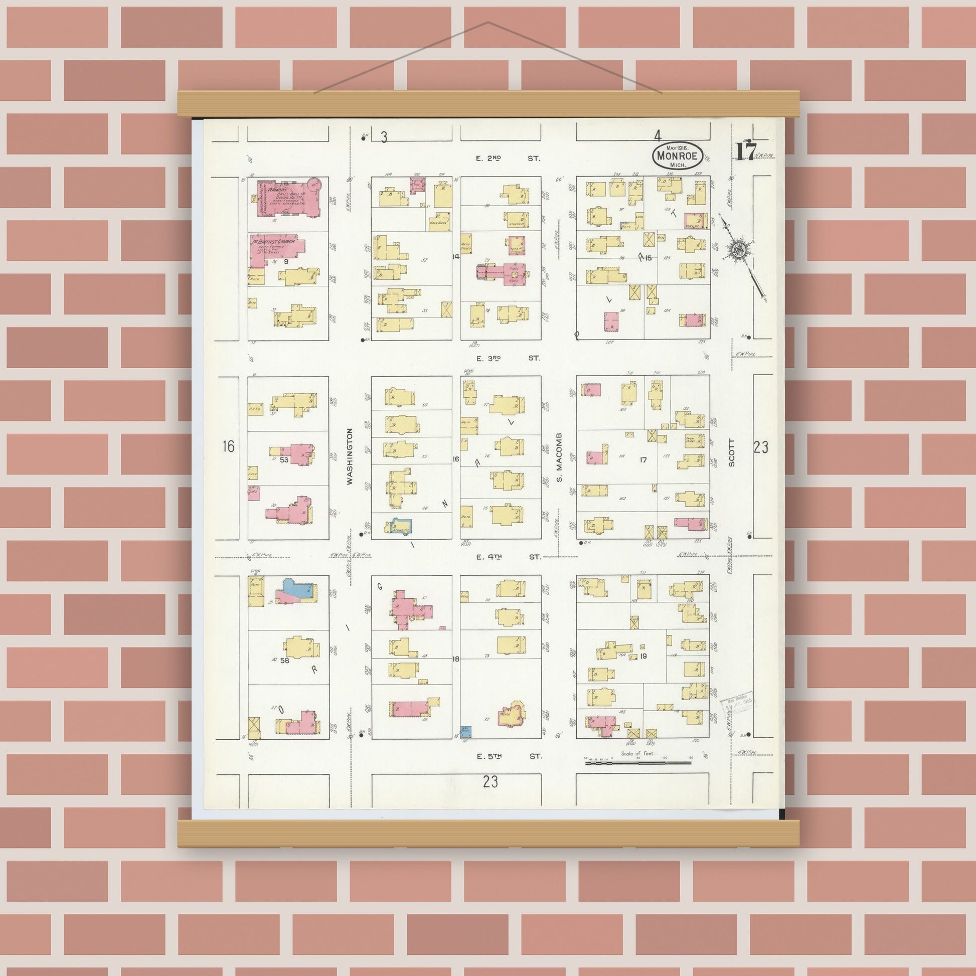 Old map wall art mockup — magnetic wood frame on brick wall — Sanborn Fire Insurance Map from Monroe, Monroe County, Michigan (1916), Sheet #0017