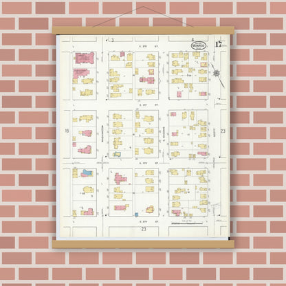 Old map wall art mockup — magnetic wood frame on brick wall — Sanborn Fire Insurance Map from Monroe, Monroe County, Michigan (1916), Sheet #0017