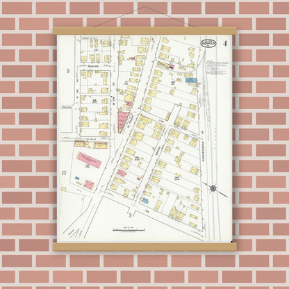 Old map wall art mockup — magnetic wood frame on brick wall — Sanborn Fire Insurance Map from Berwick, Columbia County, Pennsylvania (1918), Sheet #0004