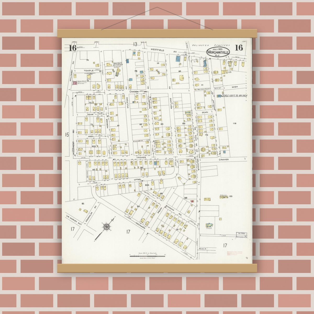 Old map wall art mockup — magnetic wood frame on brick wall — Sanborn Fire Insurance Map from Merchantville, Camden County, New Jersey (1925), Sheet #0016