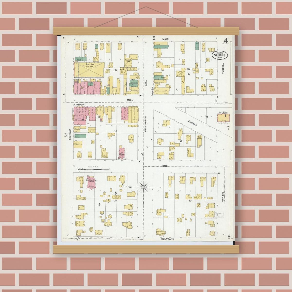 Old map wall art mockup — magnetic wood frame on brick wall — Sanborn Fire Insurance Map from Saint Louis, Gratiot County, Michigan (1899), Sheet #0004