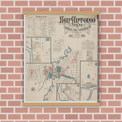Old map wall art mockup — magnetic wood frame on brick wall — Sanborn Fire Insurance Map from San Antonio, Bexar County, Texas (1885), Sheet #0001