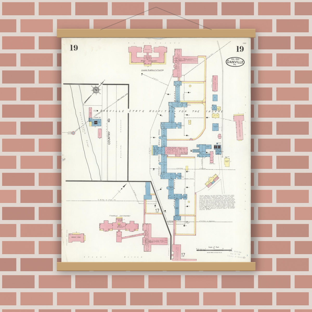 Old map wall art mockup — magnetic wood frame on brick wall — Sanborn Fire Insurance Map from Danville, Montour County, Pennsylvania (1923), Sheet #0019