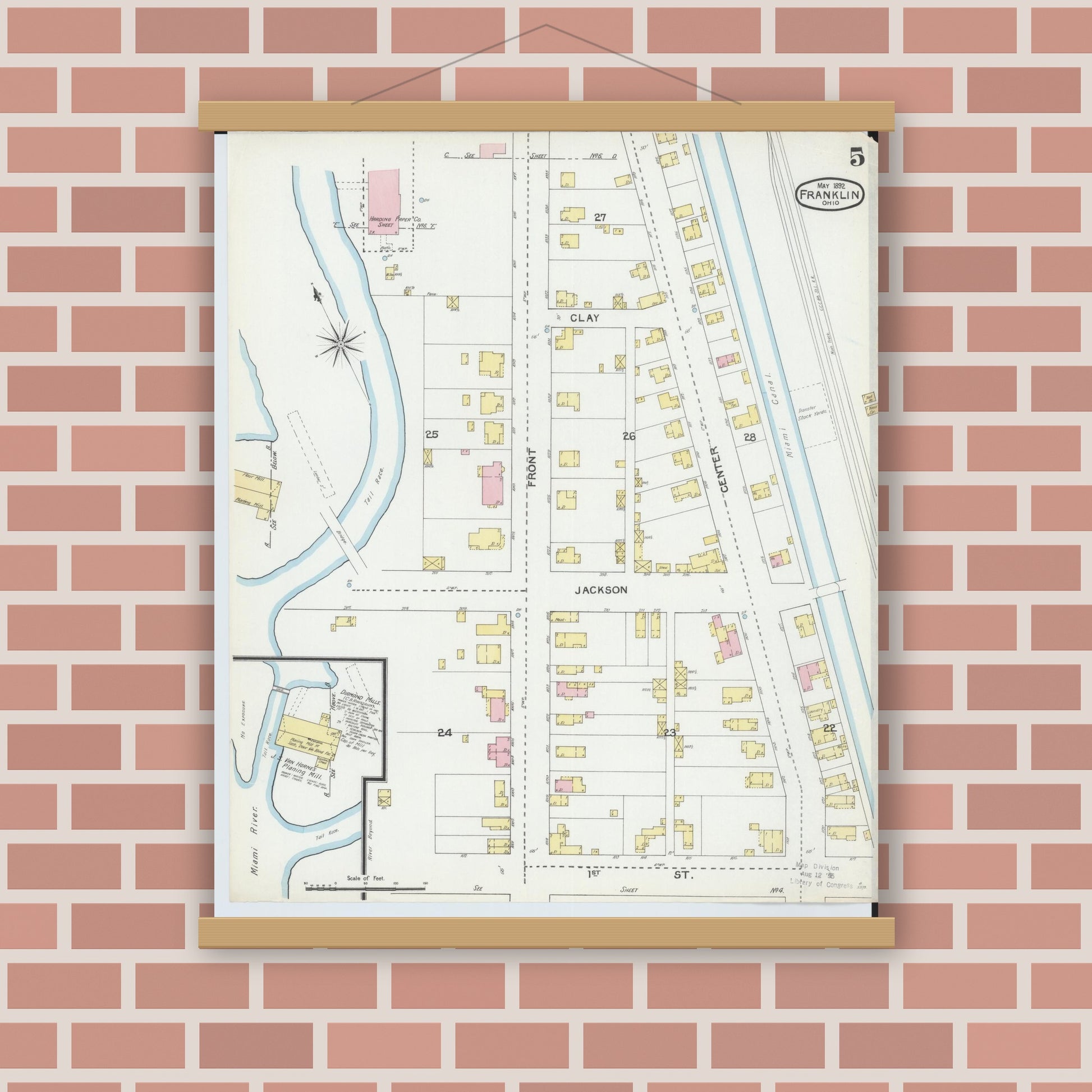 Old map wall art mockup — magnetic wood frame on brick wall — Sanborn Fire Insurance Map from Franklin, Warren County, Ohio (1892), Sheet #0005