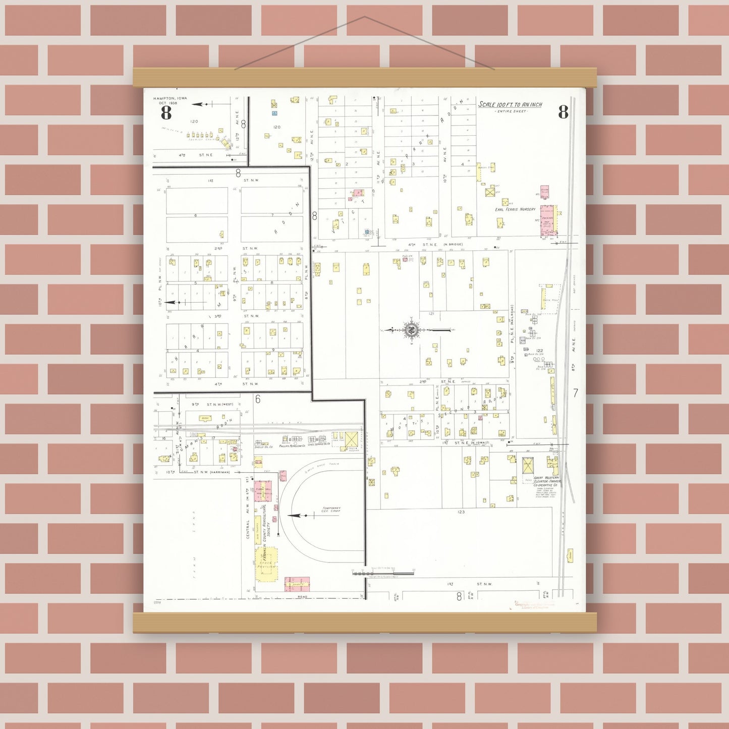 Old map wall art mockup — magnetic wood frame on brick wall — Sanborn Fire Insurance Map from Hampton, Franklin County, Iowa (1938), Sheet #0008