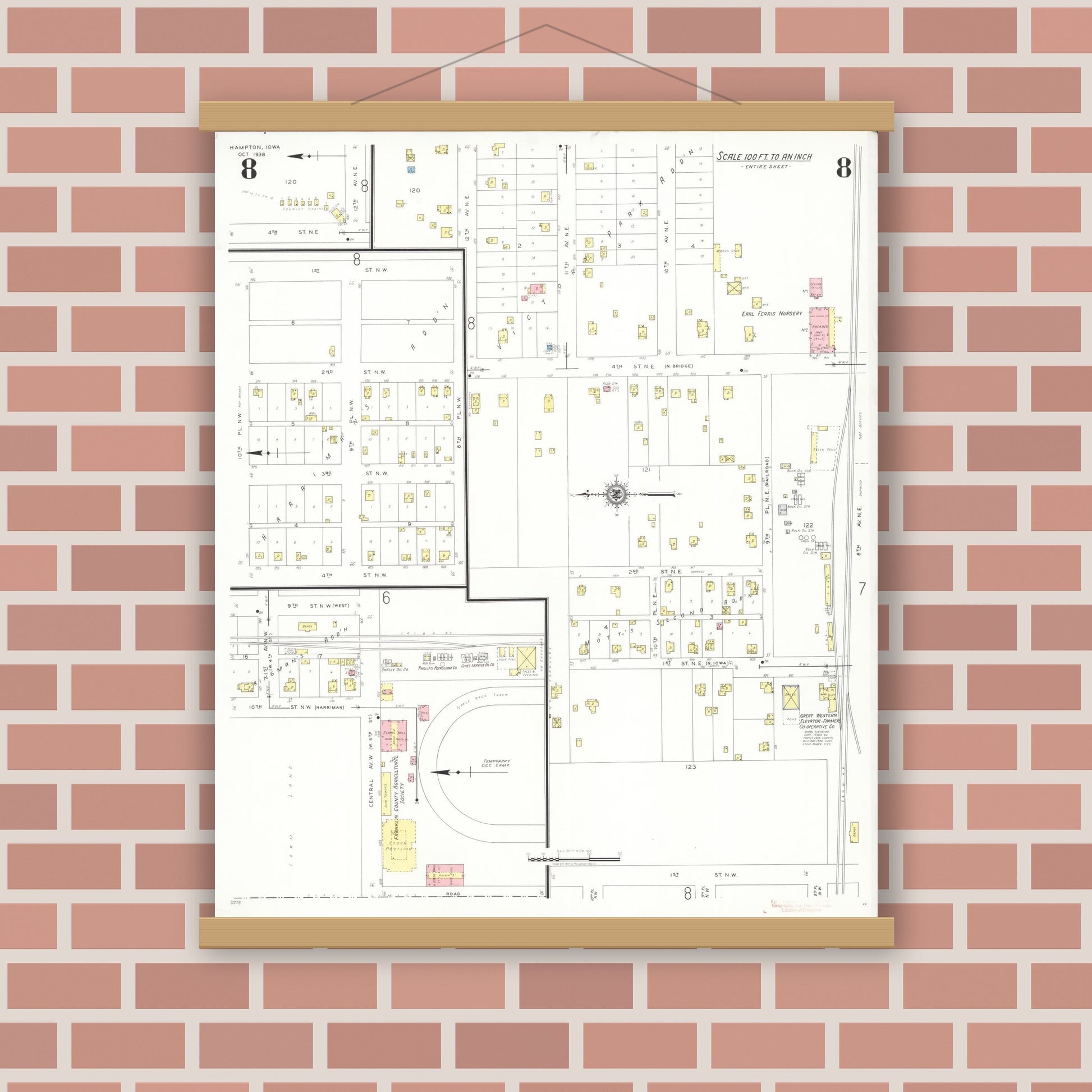 Old map wall art mockup — magnetic wood frame on brick wall — Sanborn Fire Insurance Map from Hampton, Franklin County, Iowa (1938), Sheet #0008