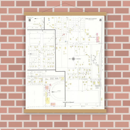 Old map wall art mockup — magnetic wood frame on brick wall — Sanborn Fire Insurance Map from Hampton, Franklin County, Iowa (1938), Sheet #0008