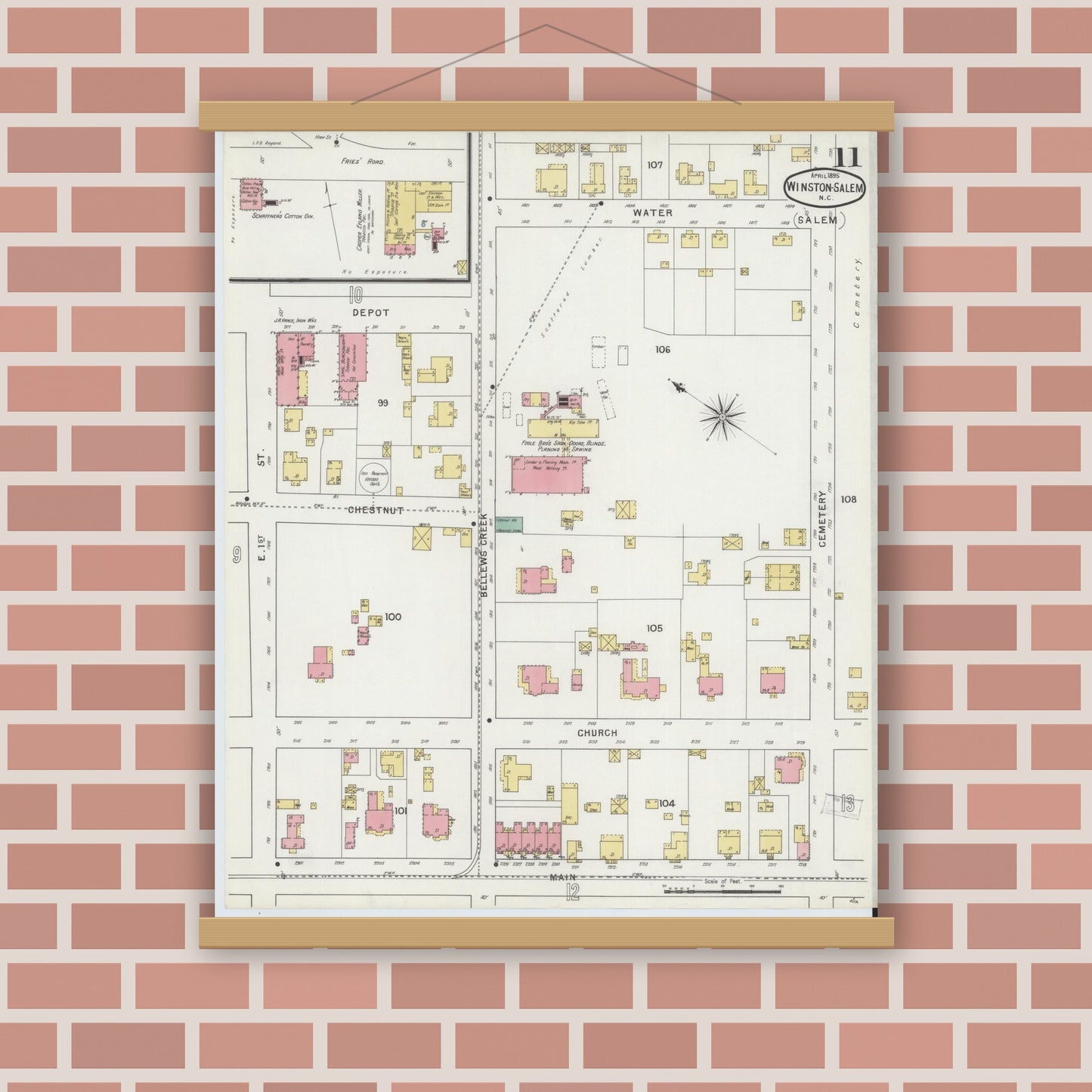 Old map wall art mockup — magnetic wood frame on brick wall — Sanborn Fire Insurance Map from Winston-Salem, Forsyth County, North Carolina (1895), Sheet #0011