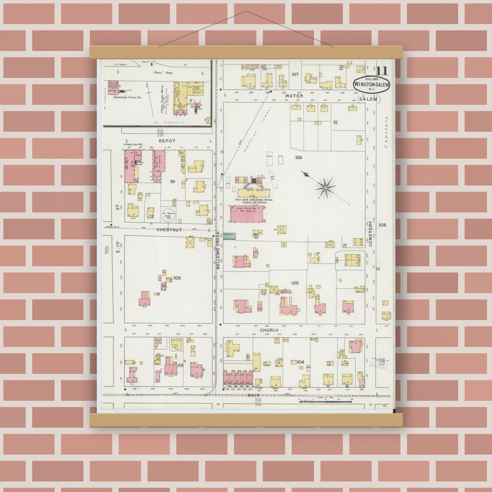 Old map wall art mockup — magnetic wood frame on brick wall — Sanborn Fire Insurance Map from Winston-Salem, Forsyth County, North Carolina (1895), Sheet #0011