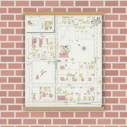 Old map wall art mockup — magnetic wood frame on brick wall — Sanborn Fire Insurance Map from Winston-Salem, Forsyth County, North Carolina (1895), Sheet #0011