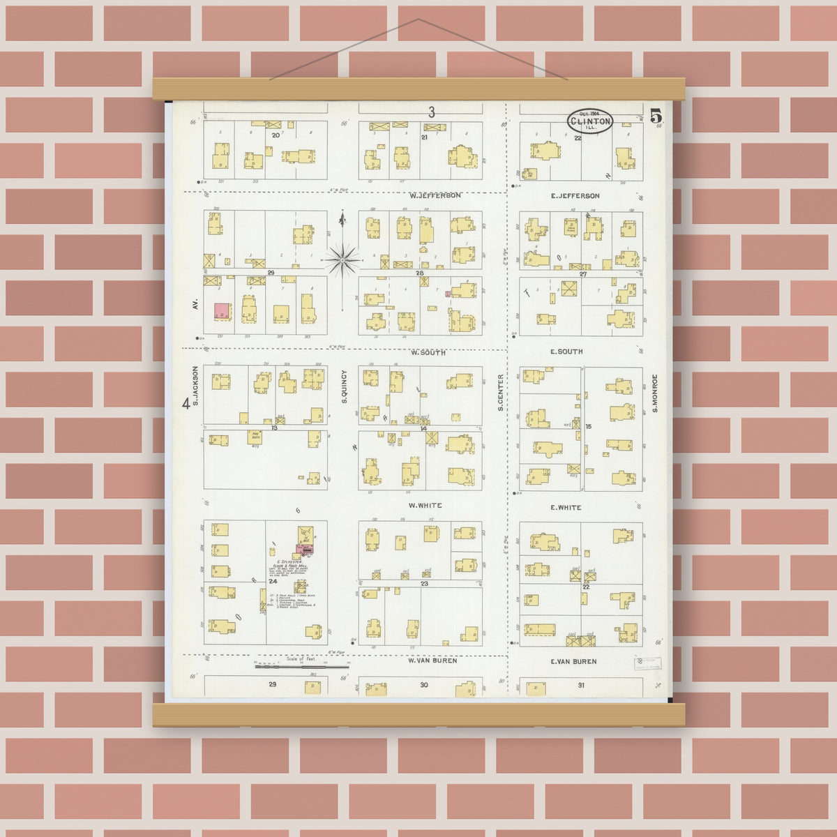 Old map wall art mockup — magnetic wood frame on brick wall — Sanborn Fire Insurance Map from Clinton, De Witt County, Illinois (1904), Sheet #0005