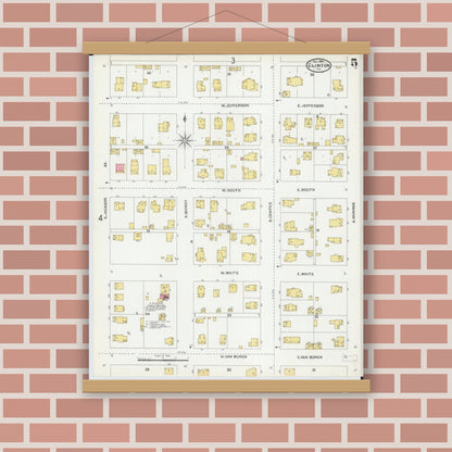 Old map wall art mockup — magnetic wood frame on brick wall — Sanborn Fire Insurance Map from Clinton, De Witt County, Illinois (1904), Sheet #0005