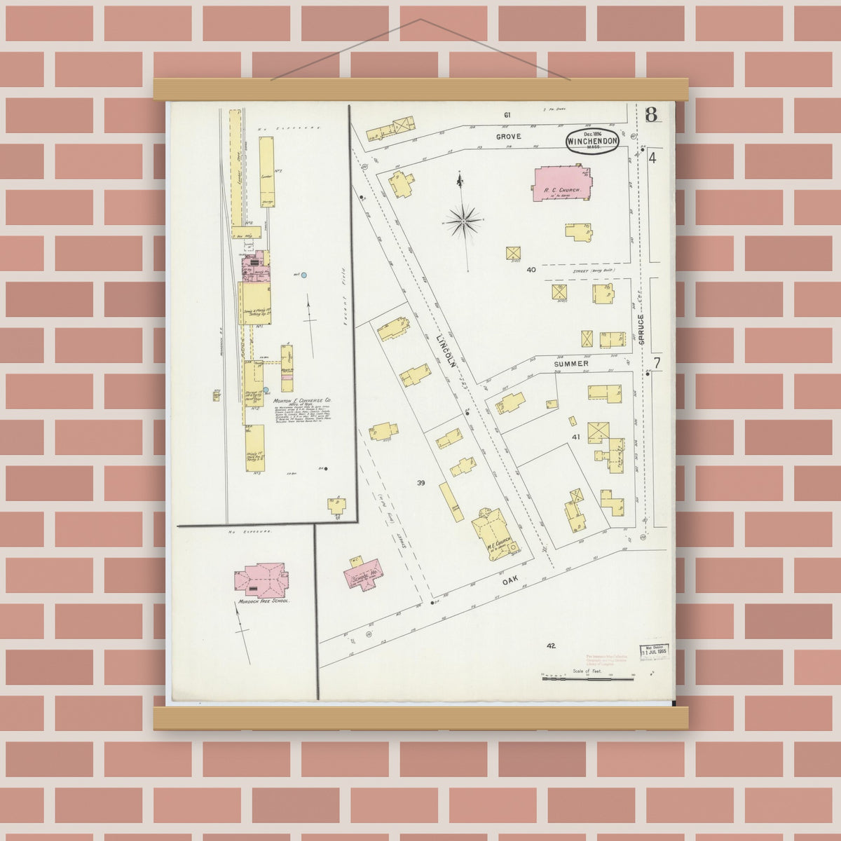 Old map wall art mockup — magnetic wood frame on brick wall — Sanborn Fire Insurance Map from Winchendon, Worcester County, Massachusetts (1896), Sheet #0008