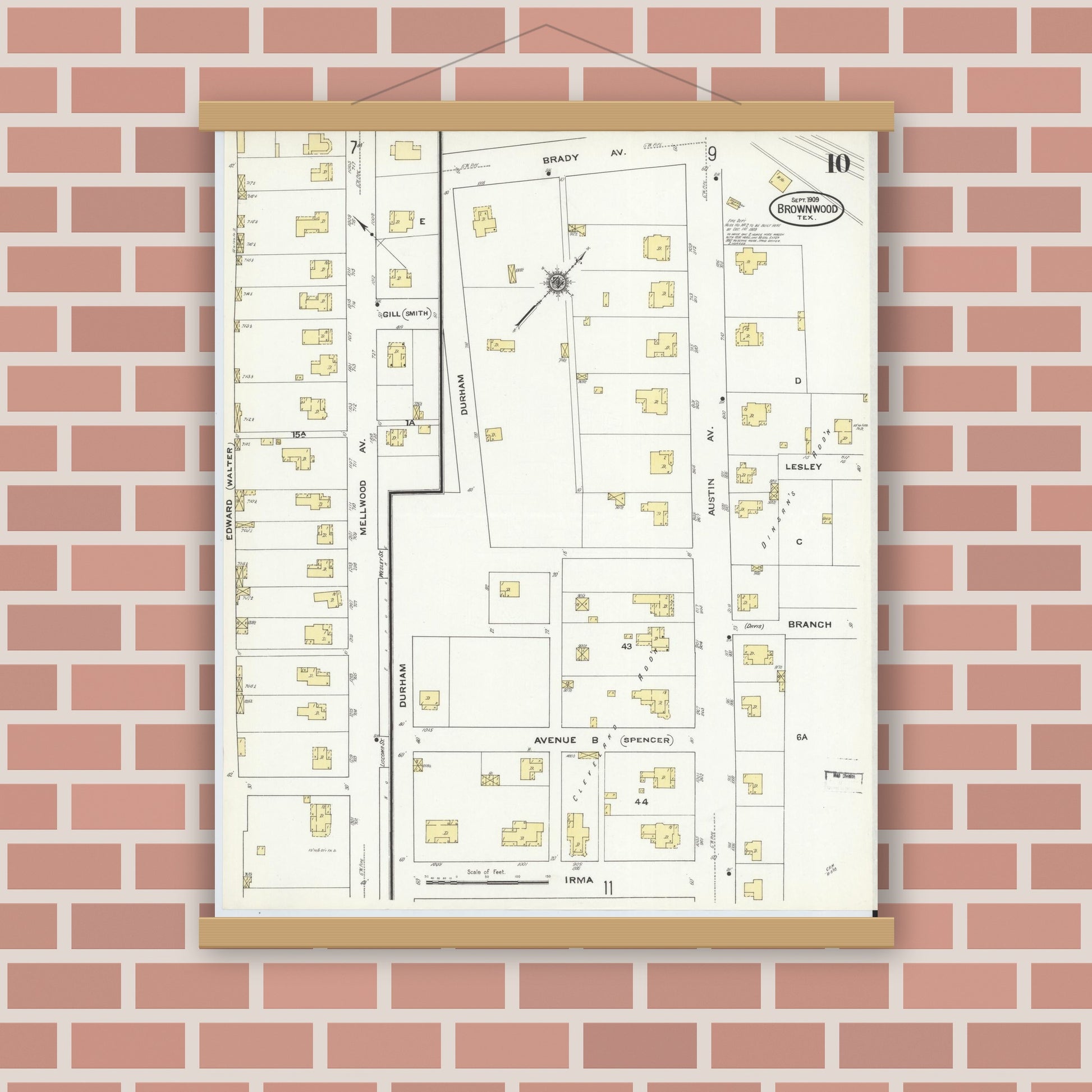 Old map wall art mockup — magnetic wood frame on brick wall — Sanborn Fire Insurance Map from Brownwood, Brown County, Texas (1909), Sheet #0010