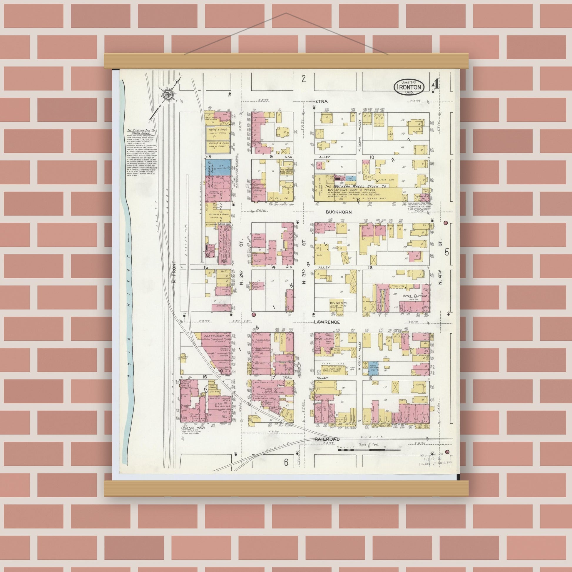 Old map wall art mockup — magnetic wood frame on brick wall — Sanborn Fire Insurance Map from Ironton, Lawrence County, Ohio (1916), Sheet #0004