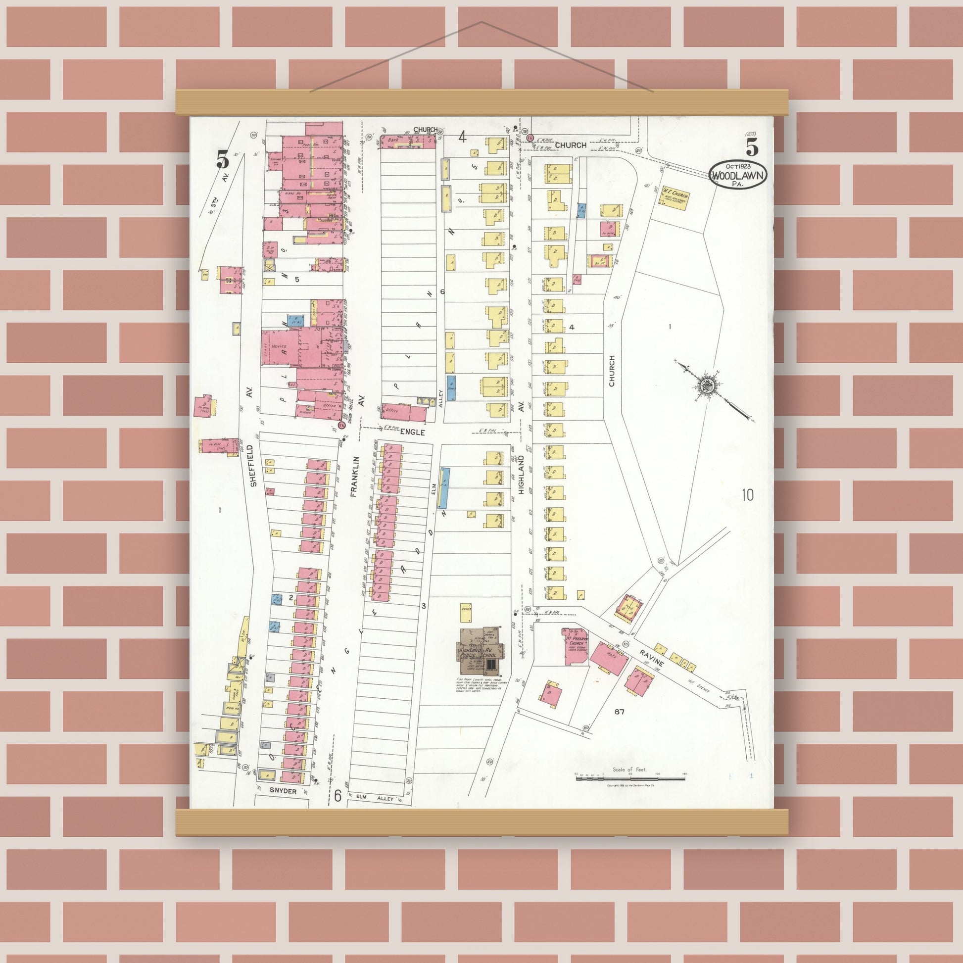 Old map wall art mockup — magnetic wood frame on brick wall — Sanborn Fire Insurance Map from Woodlawn, Beaver County, Pennsylvania (1923), Sheet #0005