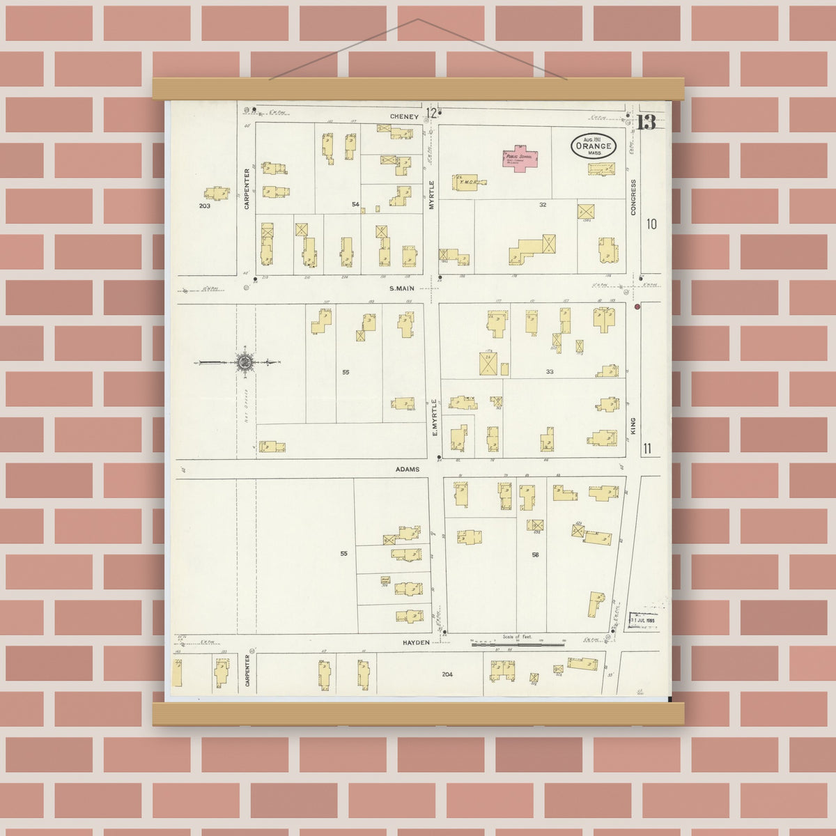 Old map wall art mockup — magnetic wood frame on brick wall — Sanborn Fire Insurance Map from Orange, Franklin County, Massachusetts (1911), Sheet #0013