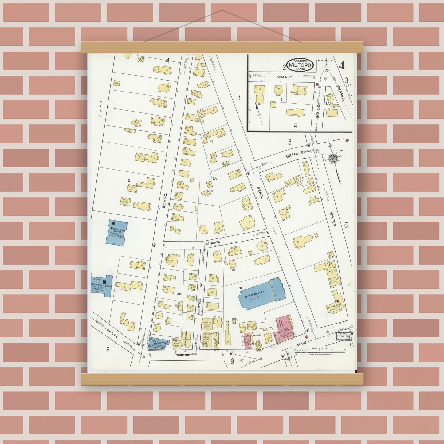 Old map wall art mockup — magnetic wood frame on brick wall — Sanborn Fire Insurance Map from Milford, Worcester County, Massachusetts (1920), Sheet #0004
