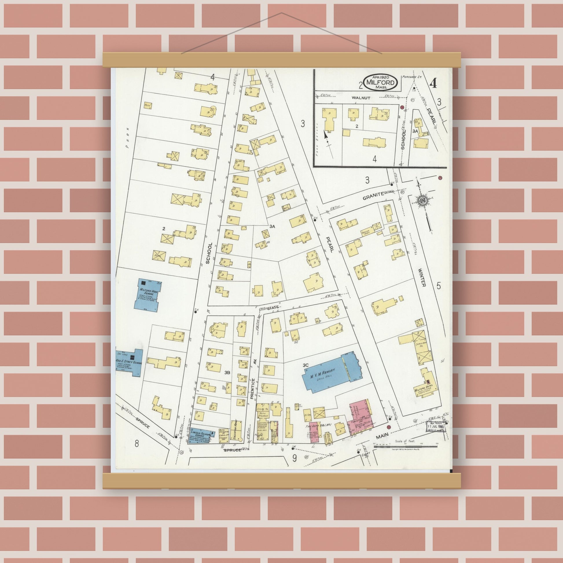 Old map wall art mockup — magnetic wood frame on brick wall — Sanborn Fire Insurance Map from Milford, Worcester County, Massachusetts (1920), Sheet #0004