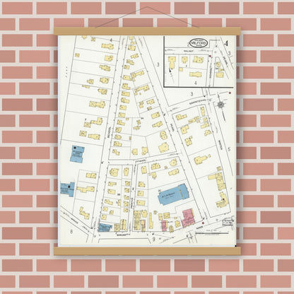 Old map wall art mockup — magnetic wood frame on brick wall — Sanborn Fire Insurance Map from Milford, Worcester County, Massachusetts (1920), Sheet #0004