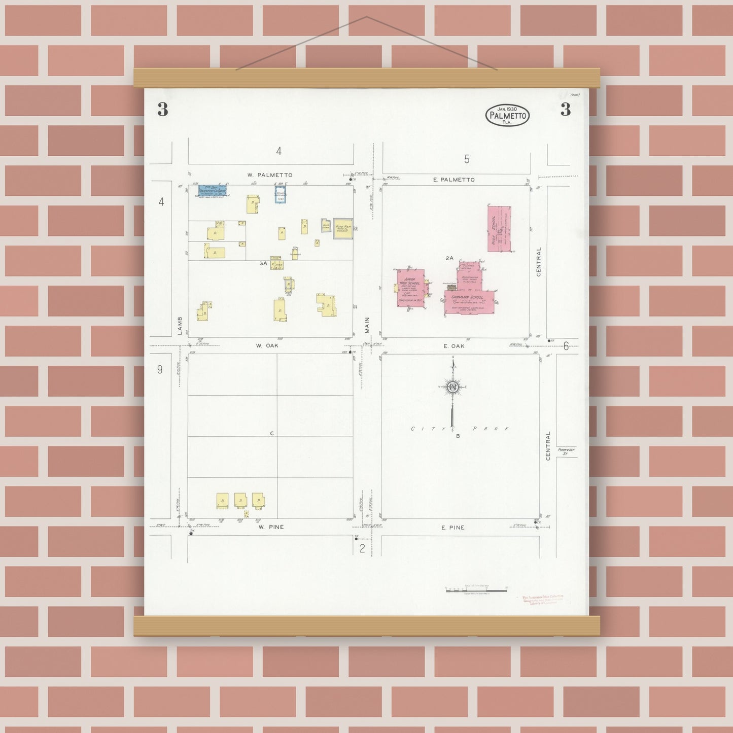 Old map wall art mockup — magnetic wood frame on brick wall — Sanborn Fire Insurance Map from Palmetto, Manatee County, Florida (1930), Sheet #0003