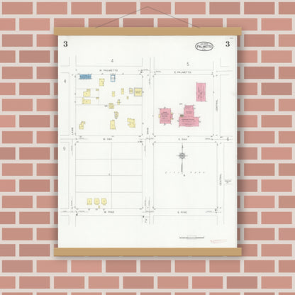 Old map wall art mockup — magnetic wood frame on brick wall — Sanborn Fire Insurance Map from Palmetto, Manatee County, Florida (1930), Sheet #0003