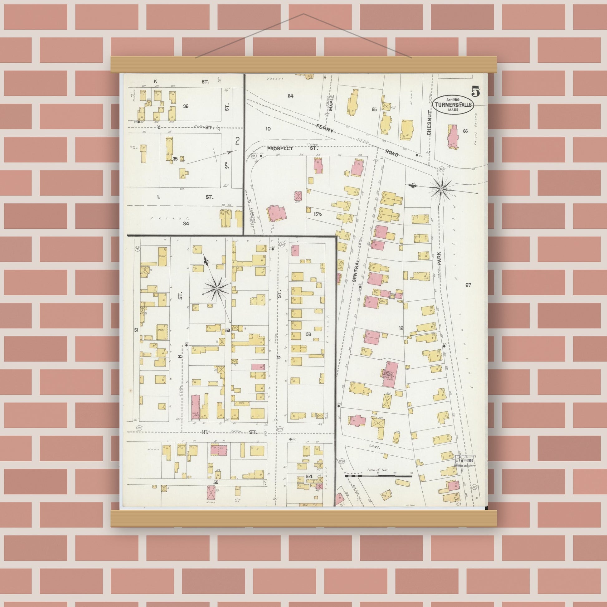 Old map wall art mockup — magnetic wood frame on brick wall — Sanborn Fire Insurance Map from Turners Falls, Franklin County, Massachusetts (1902), Sheet #0005