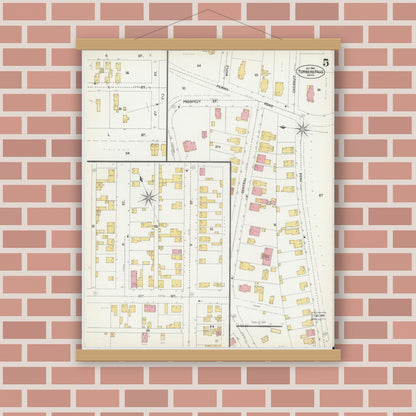Old map wall art mockup — magnetic wood frame on brick wall — Sanborn Fire Insurance Map from Turners Falls, Franklin County, Massachusetts (1902), Sheet #0005