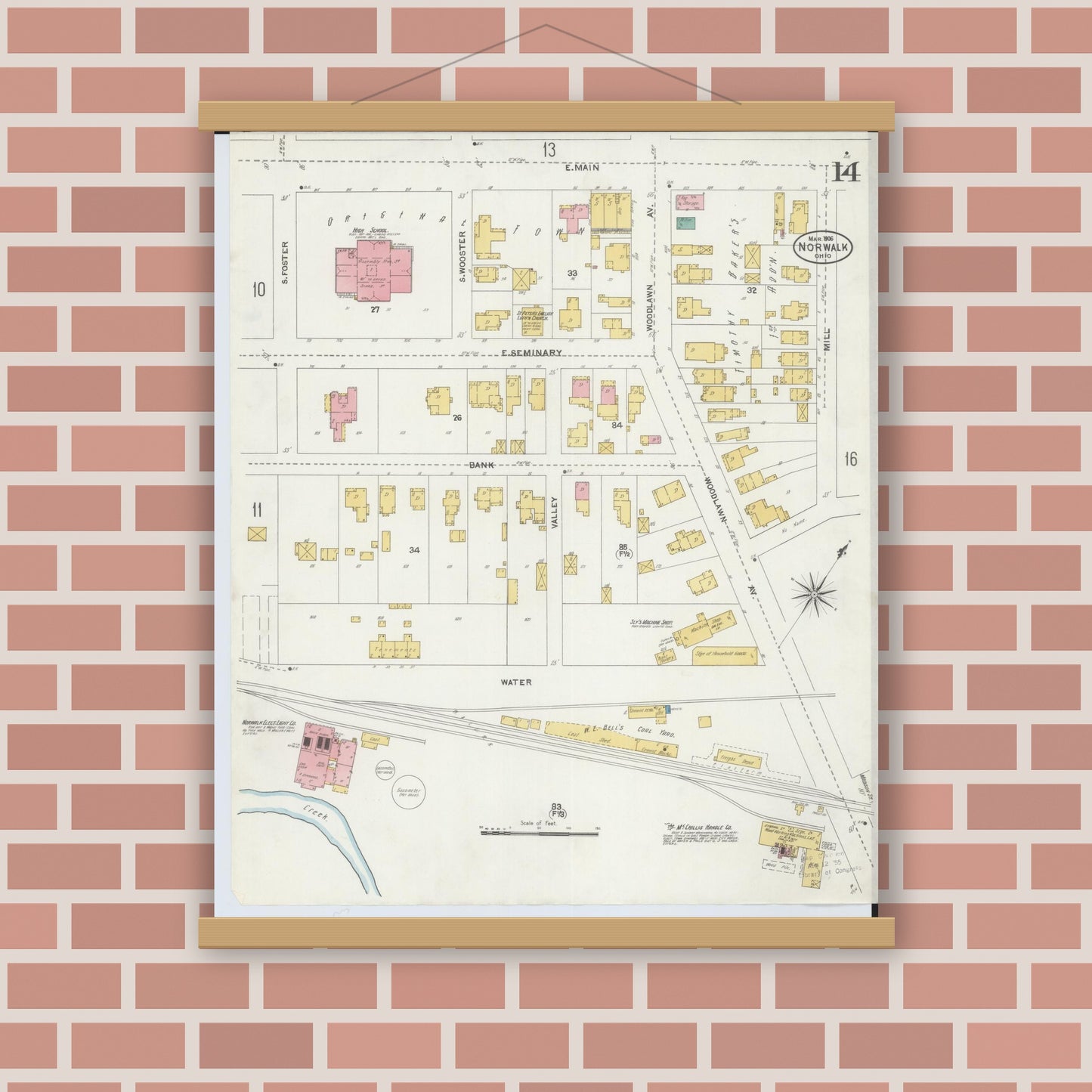 Old map wall art mockup — magnetic wood frame on brick wall — Sanborn Fire Insurance Map from Norwalk, Huron County, Ohio (1906), Sheet #0014