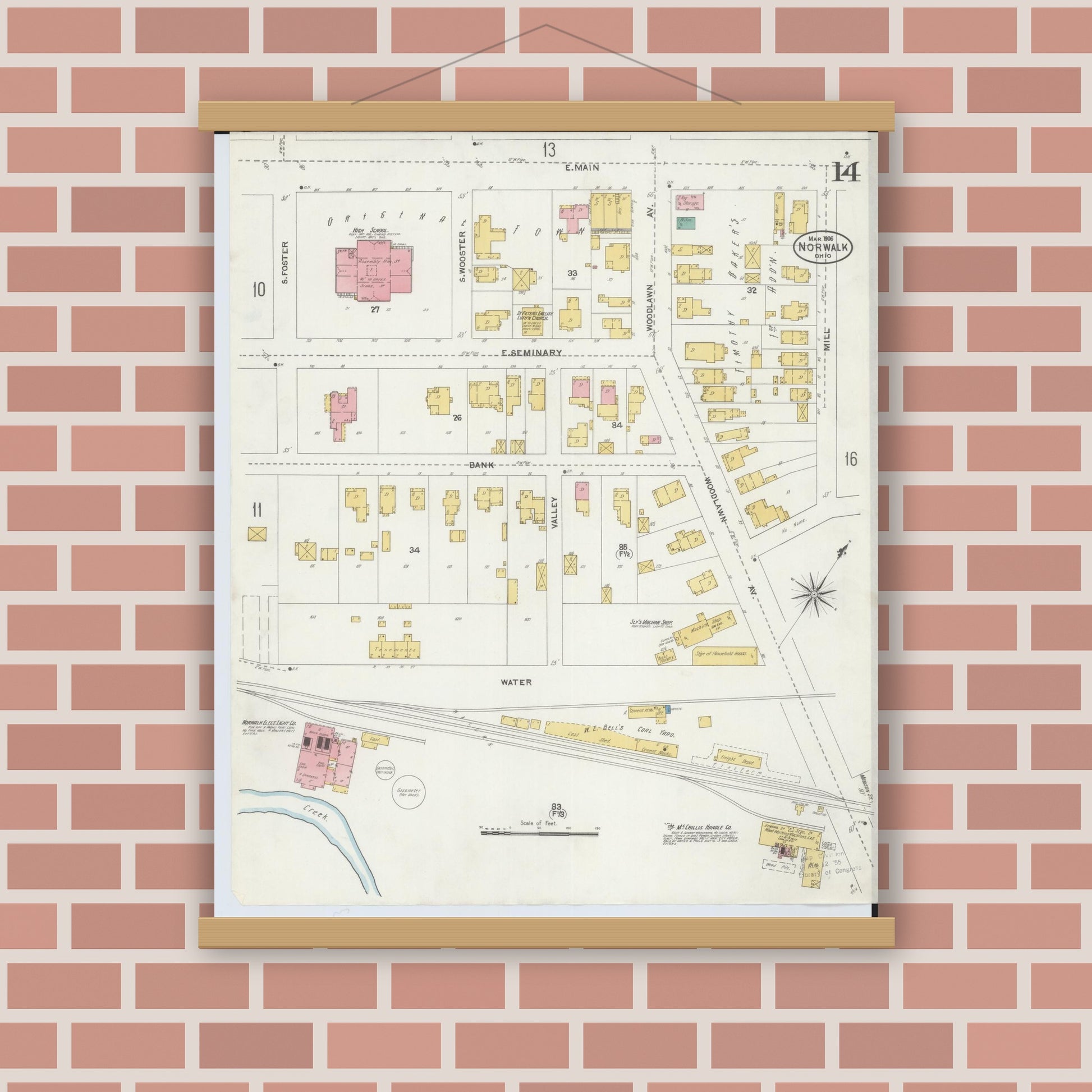 Old map wall art mockup — magnetic wood frame on brick wall — Sanborn Fire Insurance Map from Norwalk, Huron County, Ohio (1906), Sheet #0014