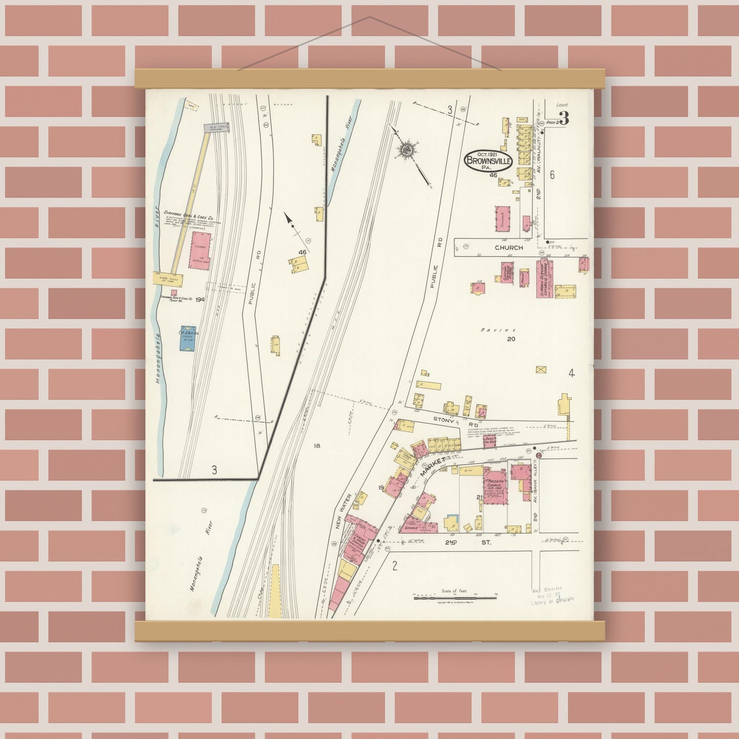 Old map wall art mockup — magnetic wood frame on brick wall — Sanborn Fire Insurance Map from Brownsville, Fayette County, Pennsylvania (1921), Sheet #0003