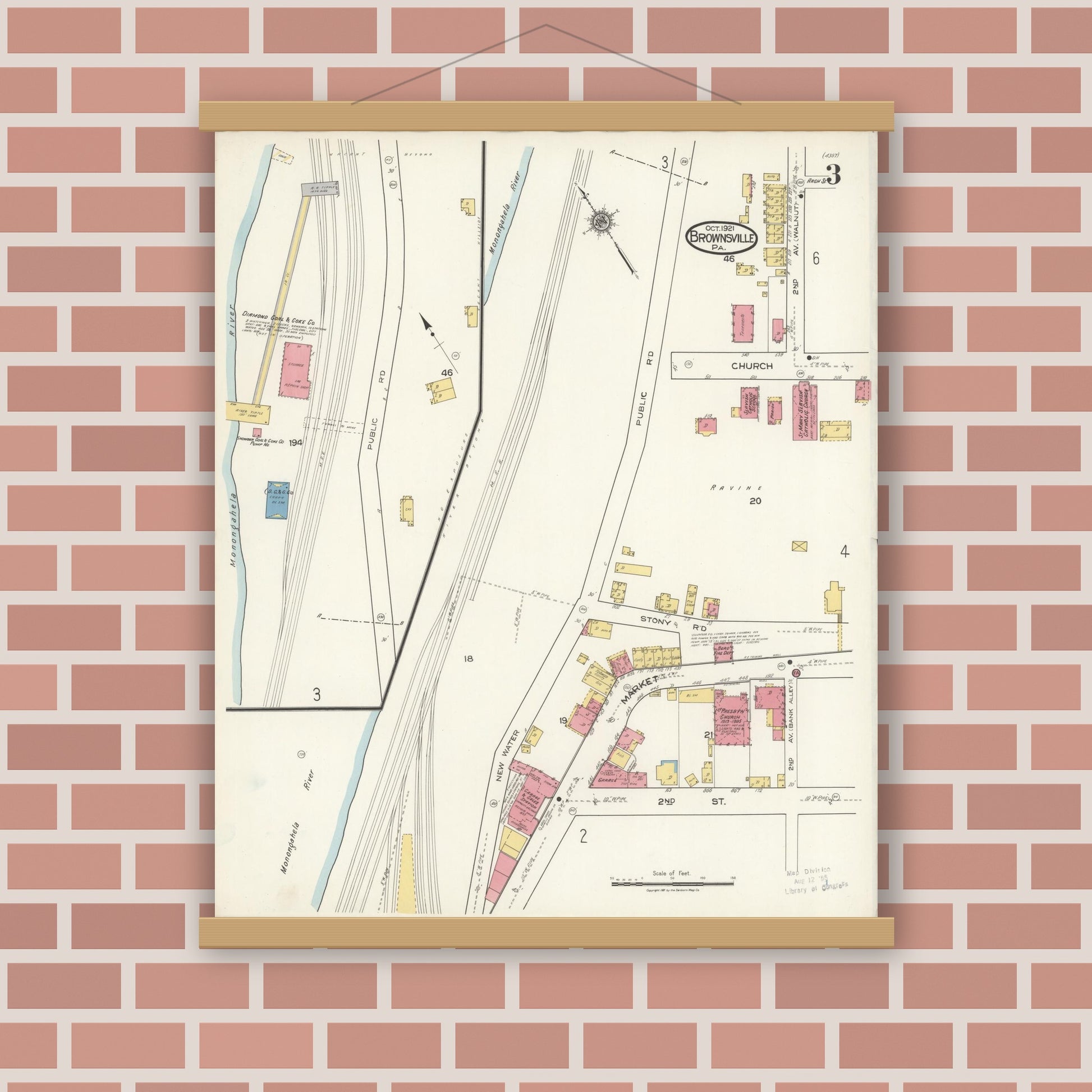 Old map wall art mockup — magnetic wood frame on brick wall — Sanborn Fire Insurance Map from Brownsville, Fayette County, Pennsylvania (1921), Sheet #0003