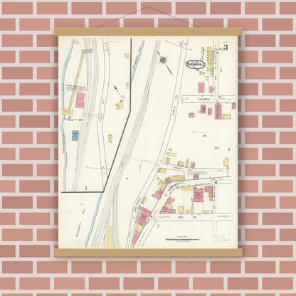 Old map wall art mockup — magnetic wood frame on brick wall — Sanborn Fire Insurance Map from Brownsville, Fayette County, Pennsylvania (1921), Sheet #0003