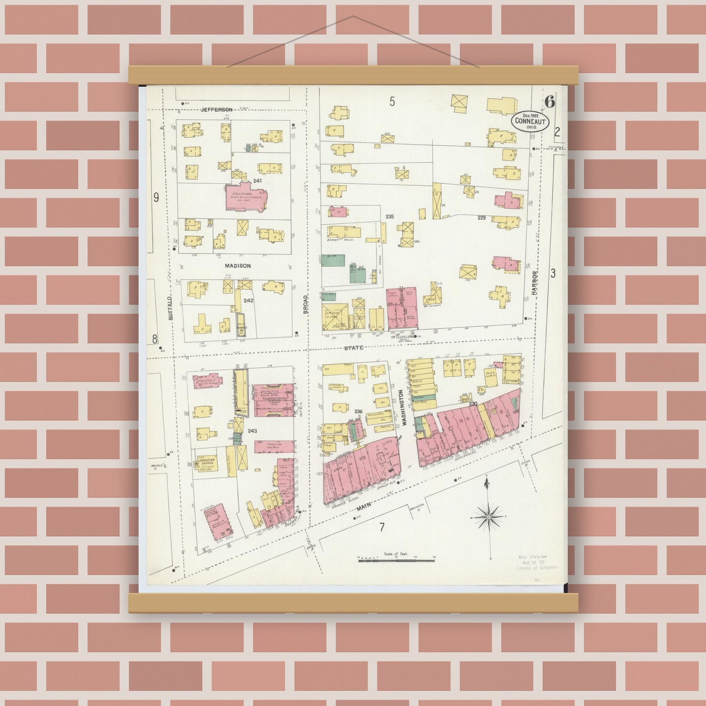 Old map wall art mockup — magnetic wood frame on brick wall — Sanborn Fire Insurance Map from Conneaut, Ashtabula County, Ohio (1902), Sheet #0006