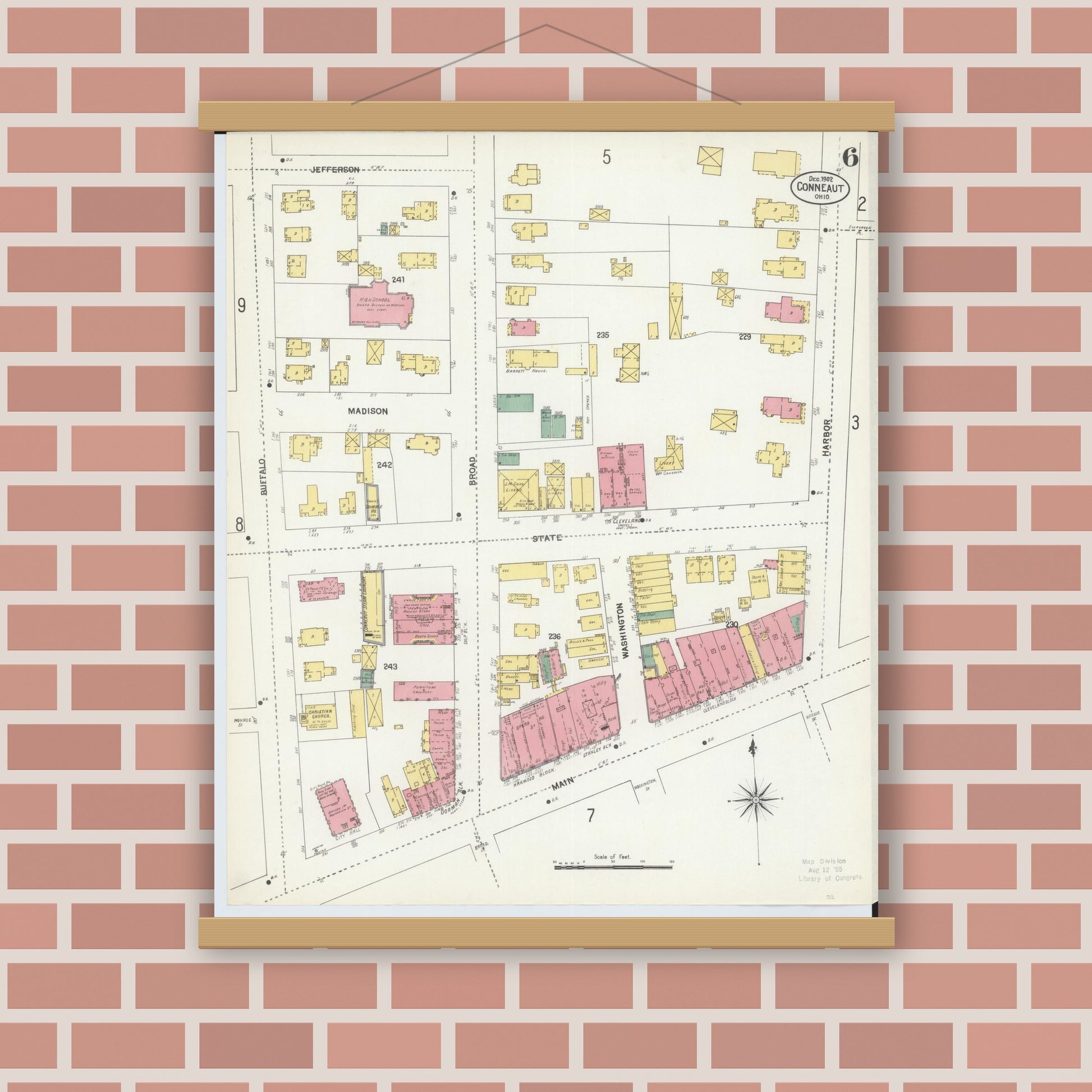 Old map wall art mockup — magnetic wood frame on brick wall — Sanborn Fire Insurance Map from Conneaut, Ashtabula County, Ohio (1902), Sheet #0006