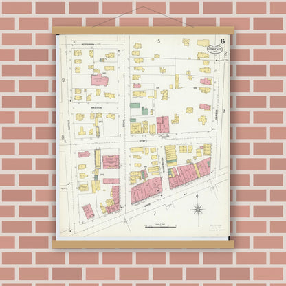 Old map wall art mockup — magnetic wood frame on brick wall — Sanborn Fire Insurance Map from Conneaut, Ashtabula County, Ohio (1902), Sheet #0006