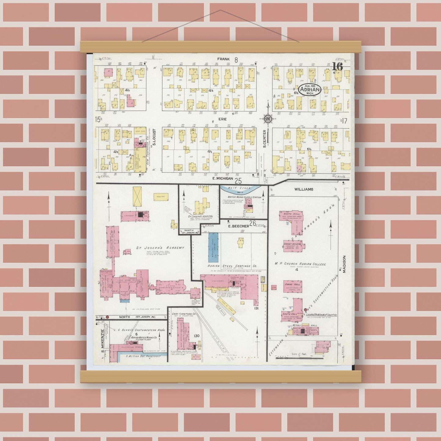 Old map wall art mockup — magnetic wood frame on brick wall — Sanborn Fire Insurance Map from Adrian, Lenawee County, Michigan (1916), Sheet #0016