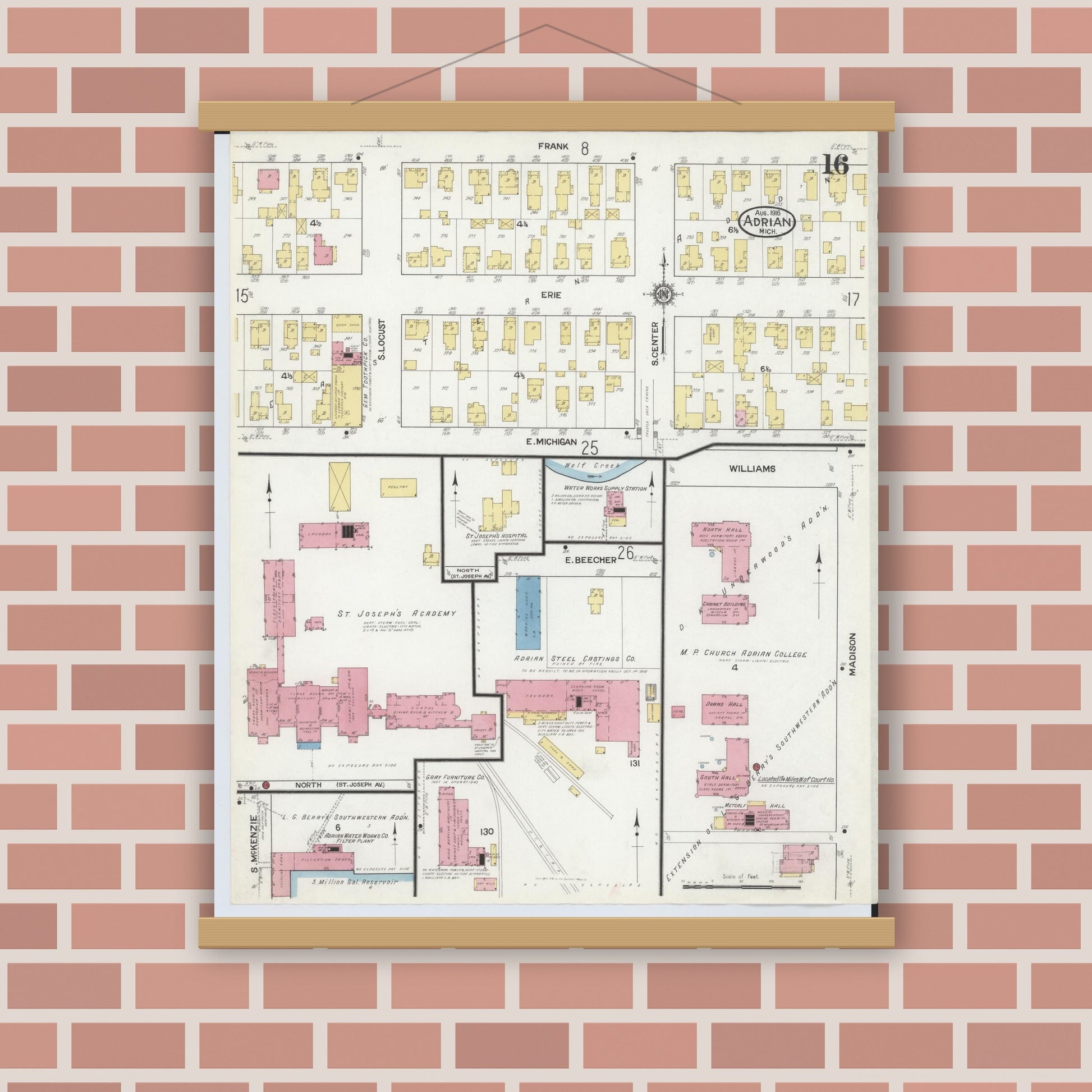 Old map wall art mockup — magnetic wood frame on brick wall — Sanborn Fire Insurance Map from Adrian, Lenawee County, Michigan (1916), Sheet #0016