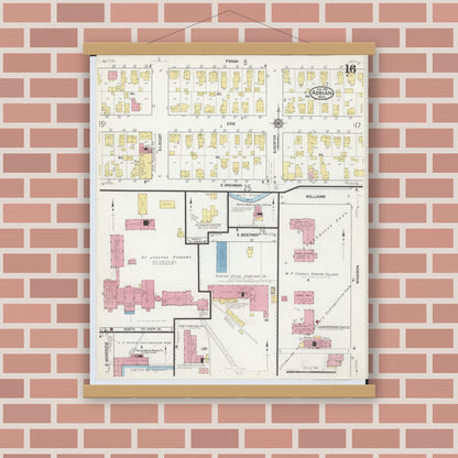 Old map wall art mockup — magnetic wood frame on brick wall — Sanborn Fire Insurance Map from Adrian, Lenawee County, Michigan (1916), Sheet #0016